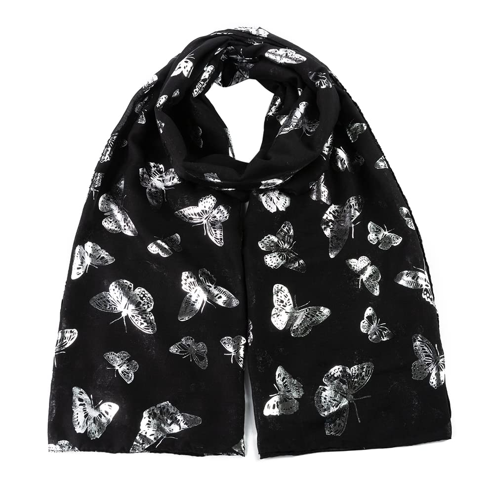 London Scarfs New Ladies Women's Glitter Foiled Flamingo,Swallow Birds & Butterfly Print Scarfs (New Glitter Butterfly Black)
