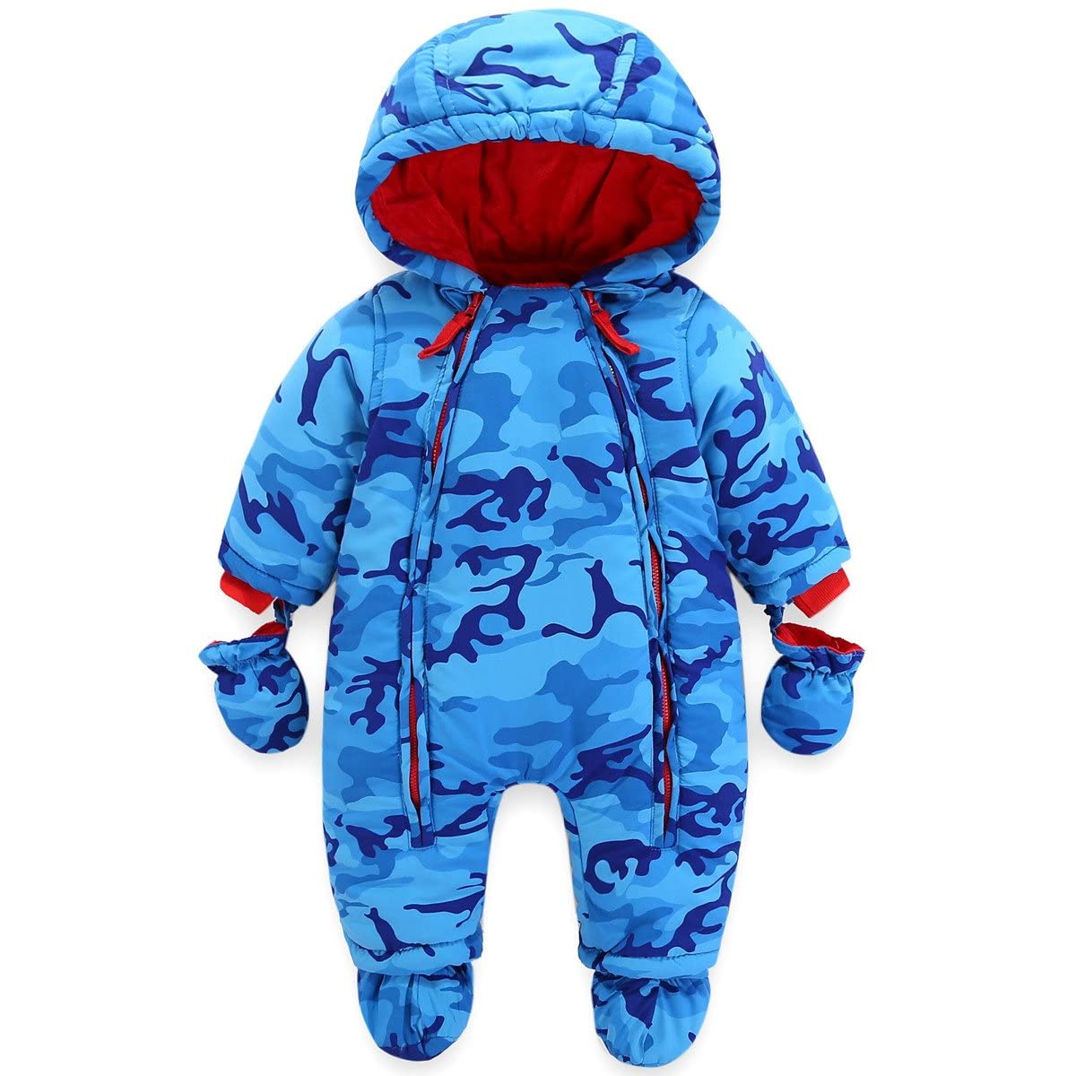 Baby Boys Winter Hooded Romper Snowsuit with Gloves Booties Cotton Jumpsuit Outfits 9-12 Months