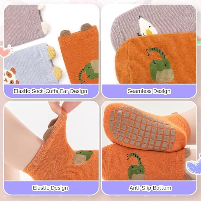 AVAIRTHZZ Pack of 5 Baby Anti-Slip Cartoon Socks for Boys & Girls | Soft Cotton Non-Skid Socks with Grips for Infants & Toddlers | Breathable, Stretchable, Cute Animal Printed Baby Footwear 3