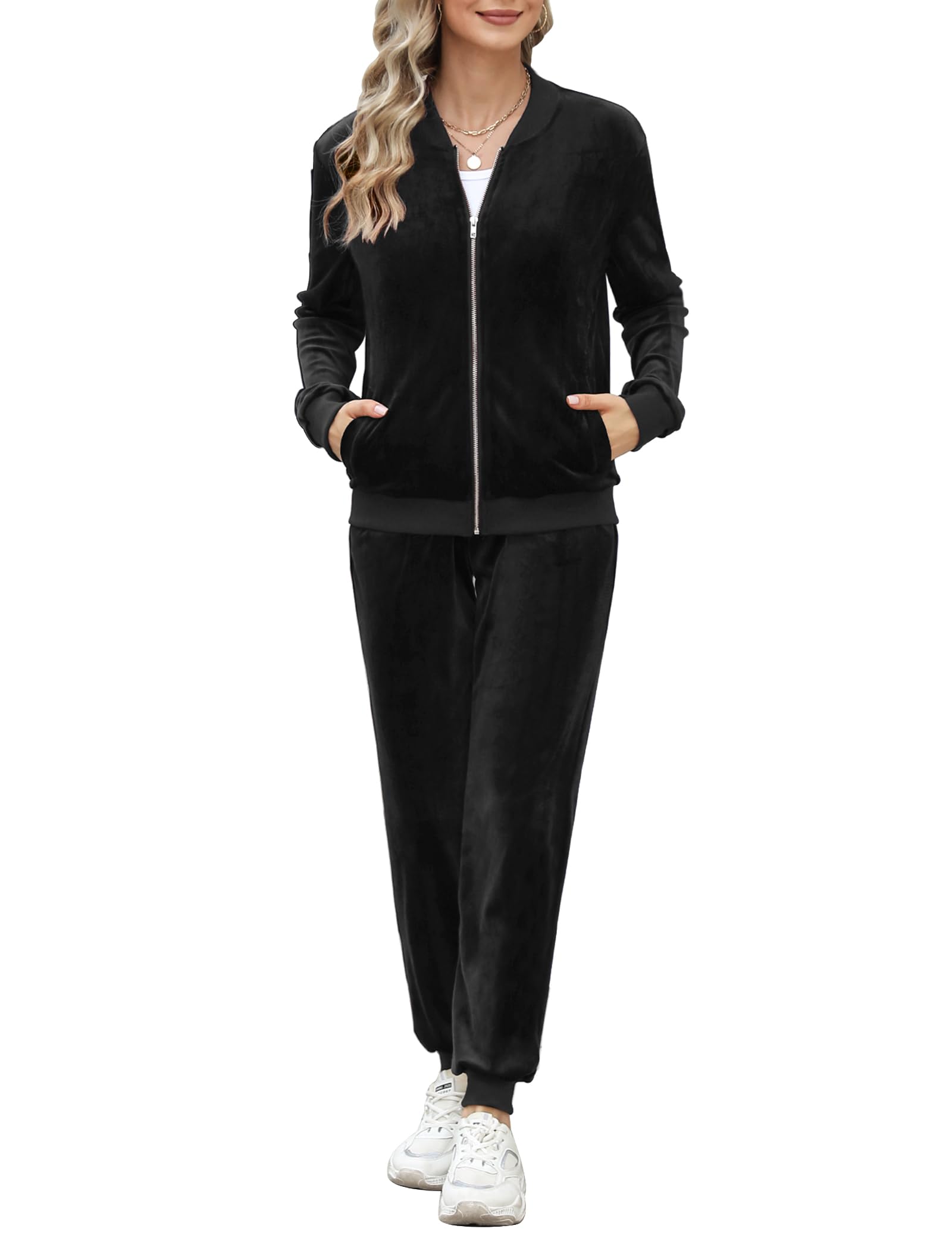 Irevial Tuta Sportiva Donna Velluto Tuta da Ginnastica Due Pezzi Casual Casa Pigiama Set con Giacca a Zipper e Pantaloni Lunghi Primavera Autunno Training Sportwear Comoda