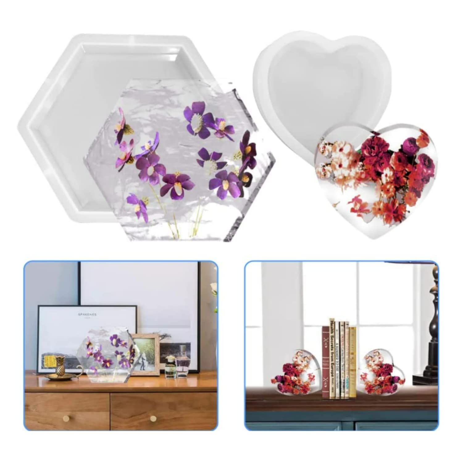 SKEIDO 2pcs Large Resin Molds Hexagon Heart Resin Molds Silicone Deep Epoxy Resin Molds Bookend Silicone Mold for Epoxy Resin Specimens Preserved Flower Wedding