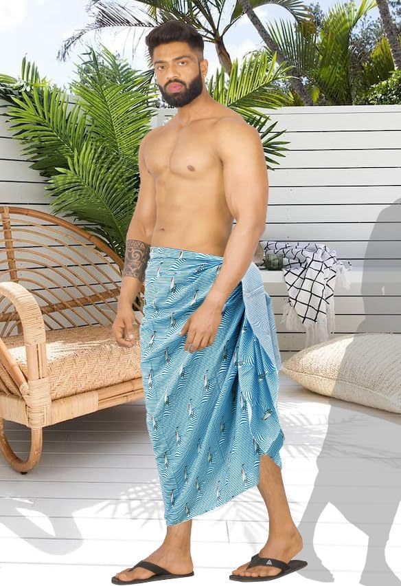 HAPPY BAY Men's Cover Up Casual Vacation Beach Holidays Summer Long Swim Trunk Swimwear for Men Beachwear Pareo One Size Blue Stripe4