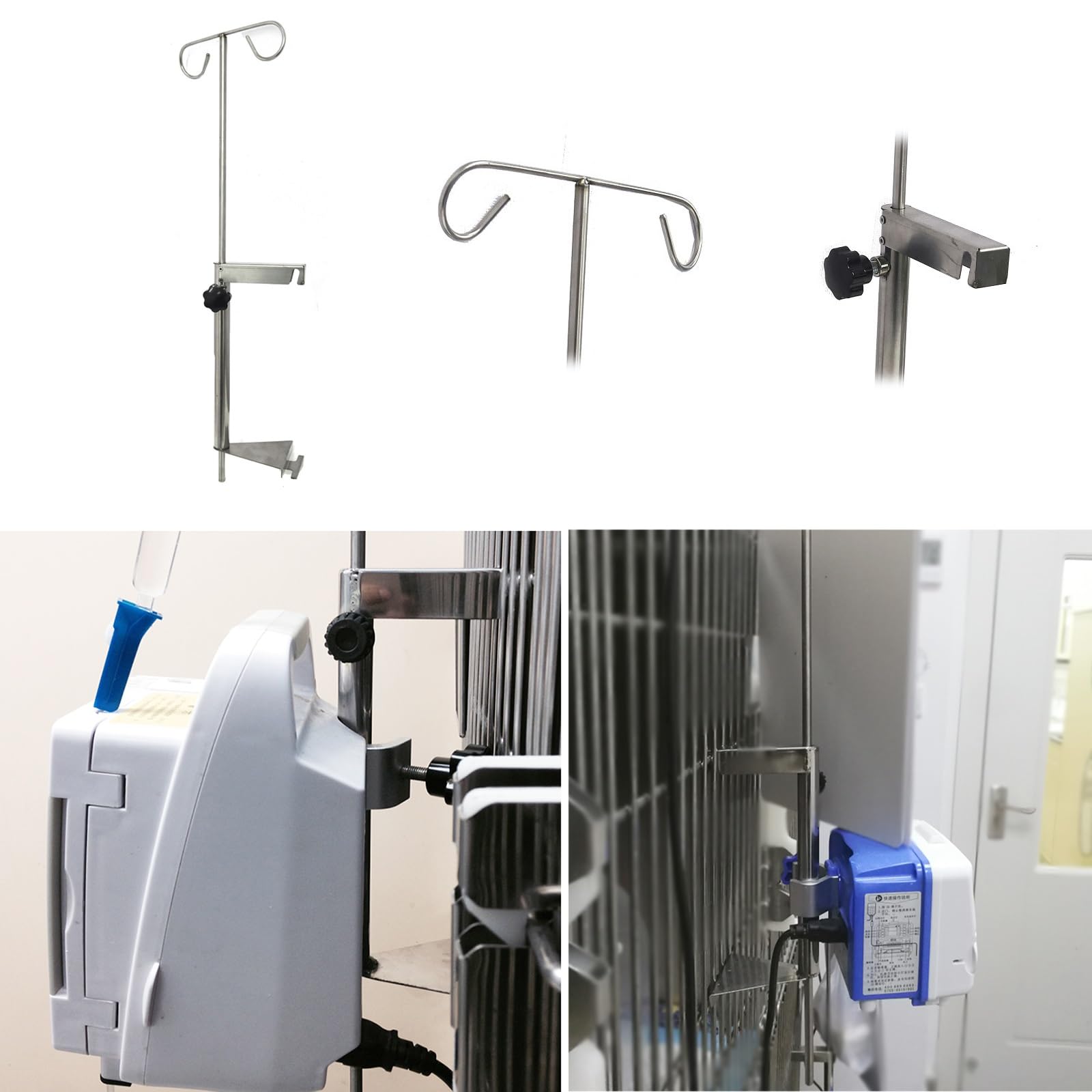 Poste IV portátil para jaulas de mascotas, estante de agua colgante de acero inoxidable con 2 ganchos para una fijación segura en entornos veterinarios ambulatorios y tiendas de mascotas