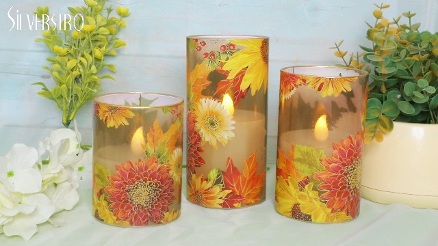 Image of Flameless Candles Chrysanthemum Decal with Remote & Timer - Real Wax Flickering Battery Operated Candles - Home Farmhouse Holiday Spring Decorations - Set of 3