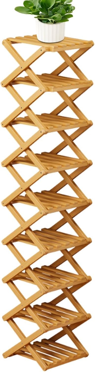 Foldable Wooden Shoe Rack SpaceSaving Organizer for Closet Entryway Bedroom Bathroom Living Room Apartment（Natural Wood,9Couches）