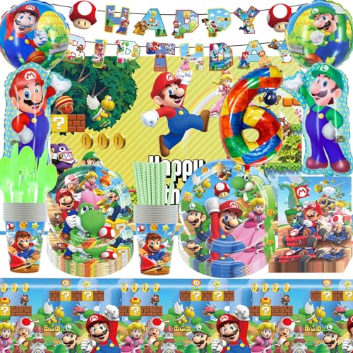 CBLDF Pratos e copos de aniversário Mrio Bros, decoração de aniversário Super Mrio Bros 6 anos, louça descartável Mrio Bros balões faixa caneca guardanapo toalha de mesa fundo (verde rio aniversário 6