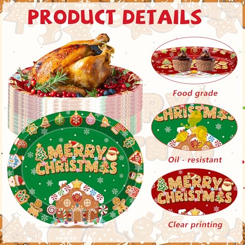 QZYL 50 Pcs Christmas Oval Paper Plates, 12.2"x 10.2" Party Dinnerware Gingerbread Plates, Disposable Plates Colorful Christmas Party Decorations, Xmas Tableware for Holiday Dinner Gatherings Decor – Image 4