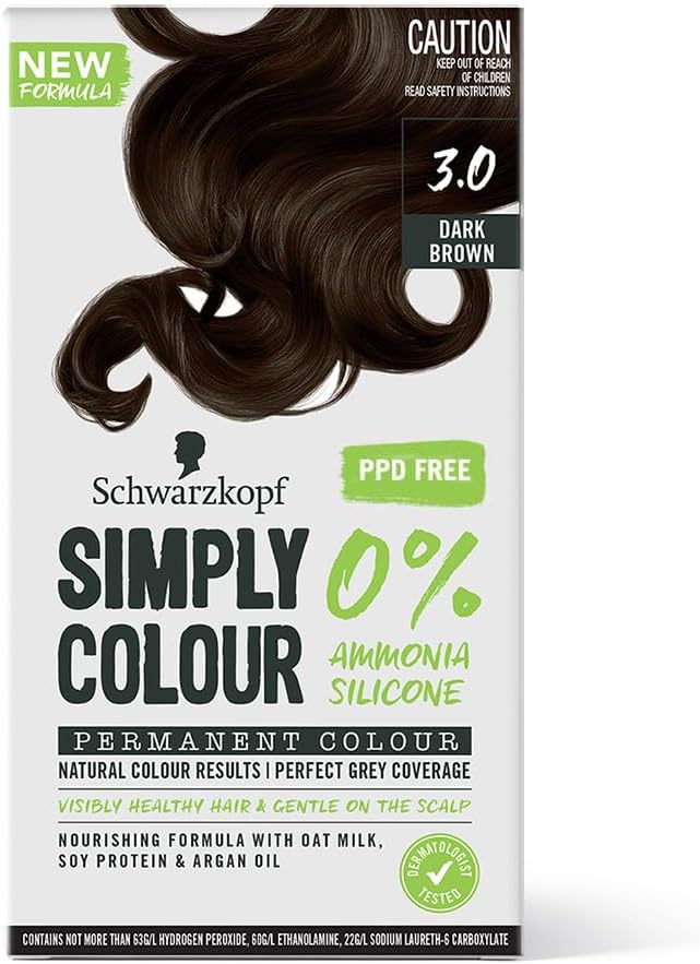 Schwarzkopf Simply Colour Permanent Hair Colour Gentle On Scalp, Upto 100% Grey Coverage, Dermatologist Tested Long-Lasting Nourishing Formula With Argan Oil, PPD & PTD Free 3.00 Dark Brown 142.5ml