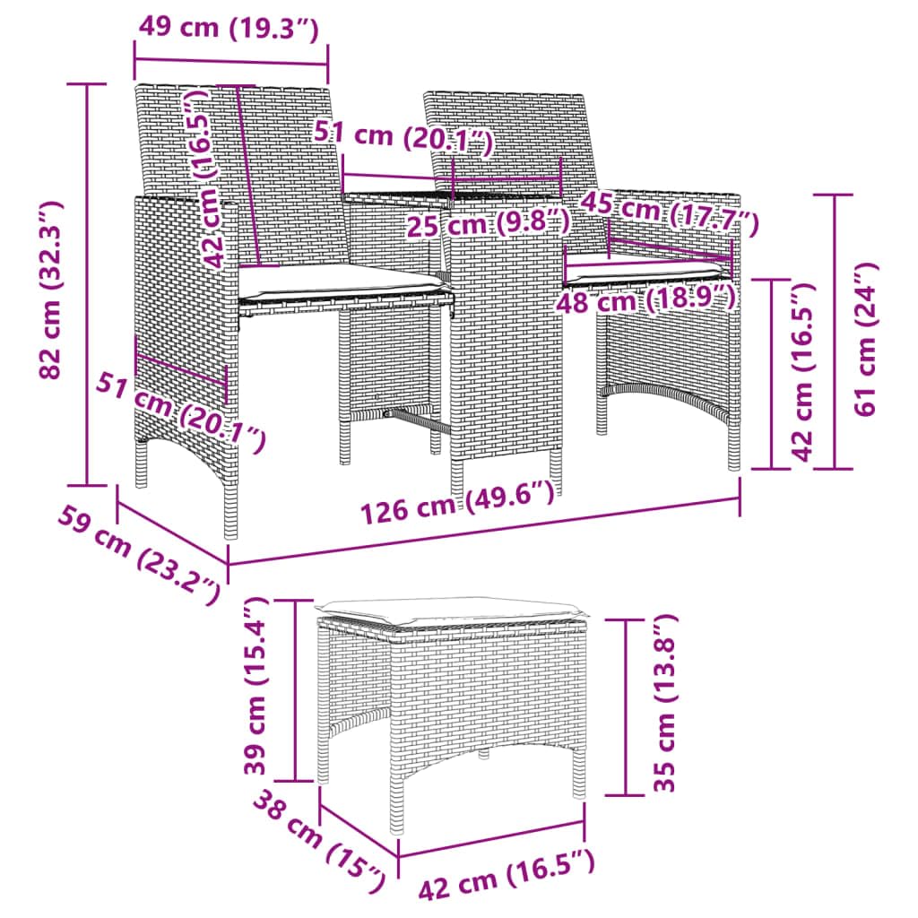 Divano da giardino a 2 posti, marrone, in polyrattan, con tavolo e sgabelli, resistente alle intemperie, per balcone, terrazza, esterni, con comode imbottiture e rivestimento rimovibile