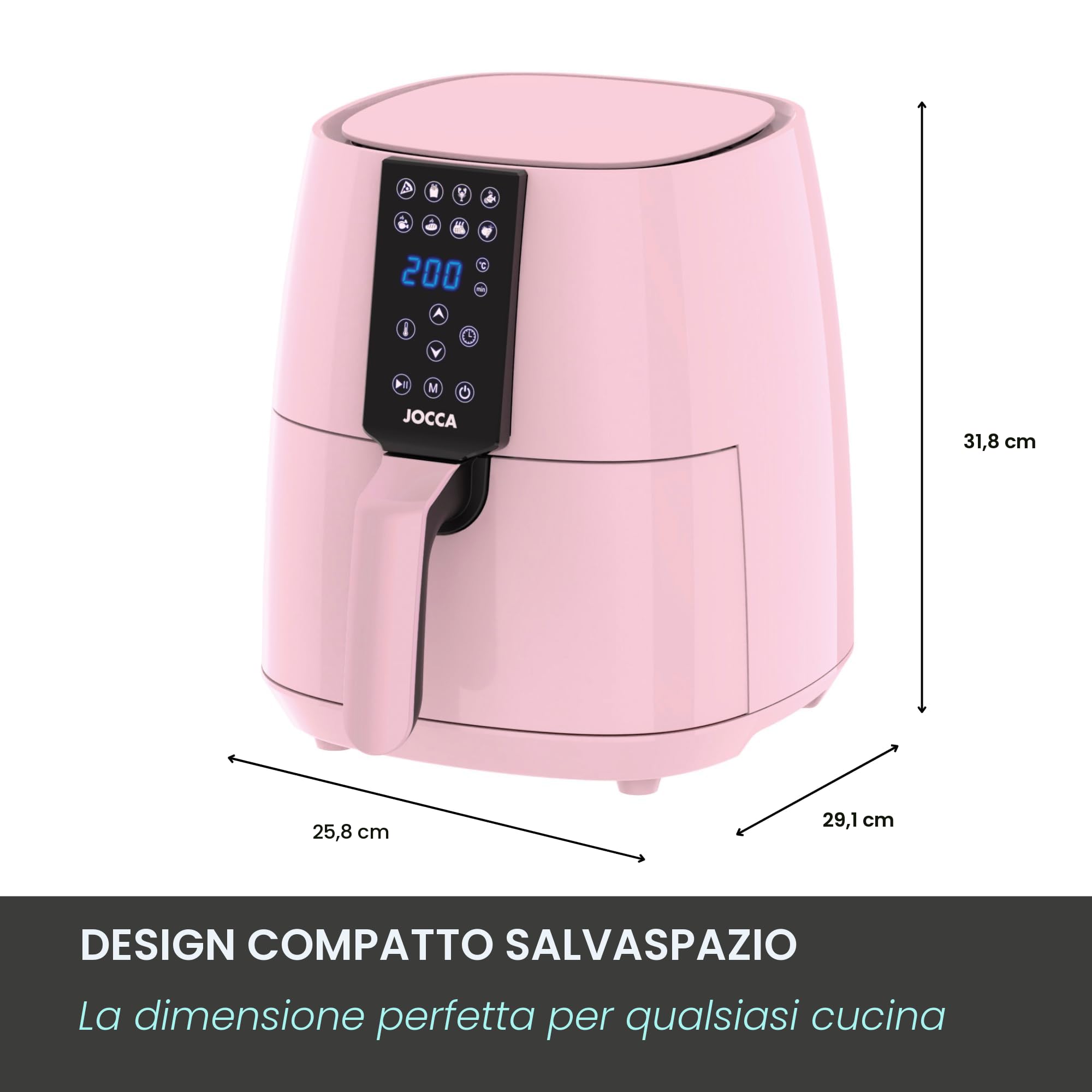 Jocca, Friggitrice ad Aria, Sweet Line, Display LED con 8 Programmi, Temperatura Regolabile, Potenza di 1450W, Risparmio Energetico, Rosa, 3,8L