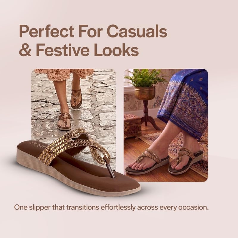 Image of FAUSTO Women T-Strap Slip On Ethnic Sandals with Rhinestone Strap | Wedge Ortho Slip-On Slippers | Perfect for Wedding, Festive Outfits