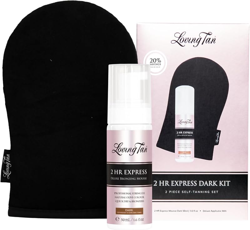 Loving Tan 2 HR Express Self Tanner Mousse Mini Kit (Dark) – Travel Size | Fast Acting & Streak-Free Self Tan Foam, Natural Bronze, Quick Dry & Long-Lasting Tanner, Cruelty-Free, Professional Formula