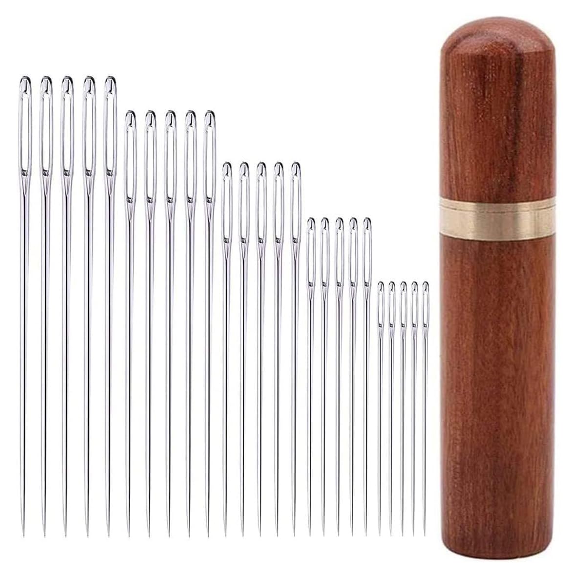 Holooveranillo No 20Pcs Large Eye Hand Sewing Needles,6 Size Embroidery Needles With 1 Wooden Needle Cases,Sharp Large-Eye Stainless-Steel Set,For Sewing, Embroidery, Needlework (Silver)