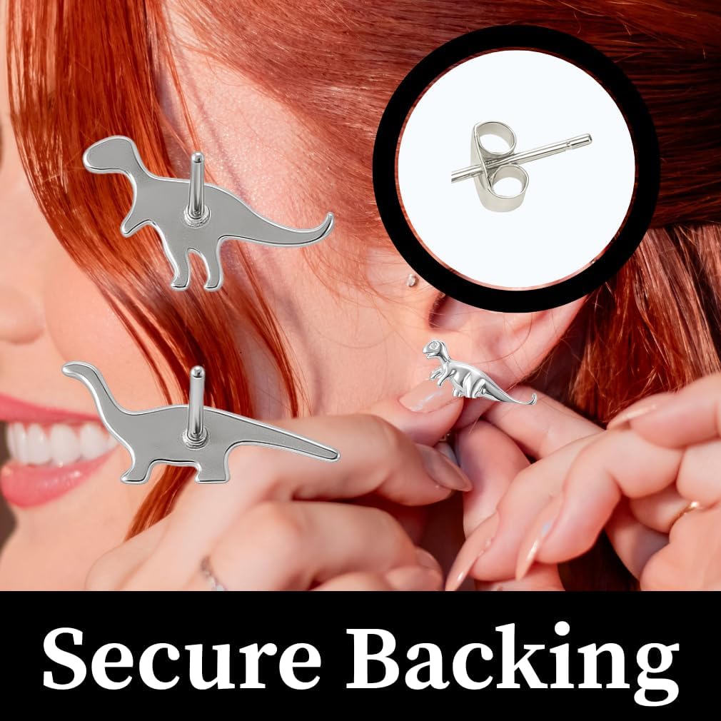Silver Dinosaur Stud Earrings Set – 3 Pairs Cute Stegosaurus, T-Rex & Long Neck Dino – Hypoallergenic Animal Earrings for Women & Dino Lovers - Great Gift! - Image 7
