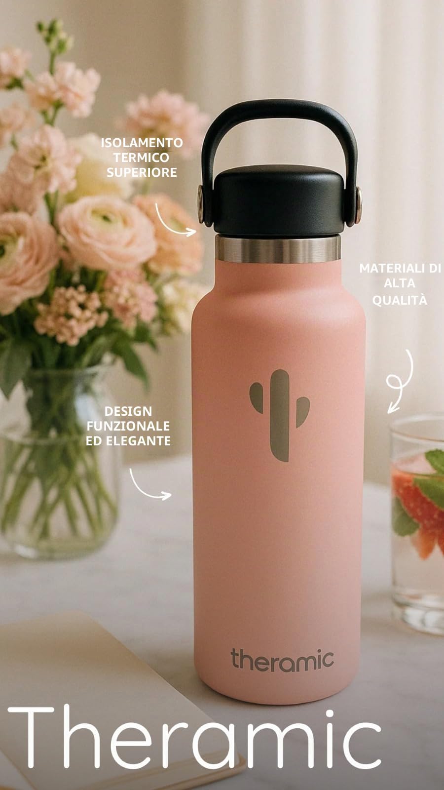 Borraccia Termica da 600 ml in Acciaio Inox con doppia parete esterna e rivestimento interno in ceramica. Colore rosa.