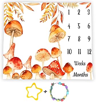 Mushroom Theme Baby Monthly Milestone Blanket, Soft Flannel Watercolor Spring Tropical Eucalyptus Leaves Botanical Photography Prop Newborn Baby Shower Age Growth Tracker Orange, 48x40in