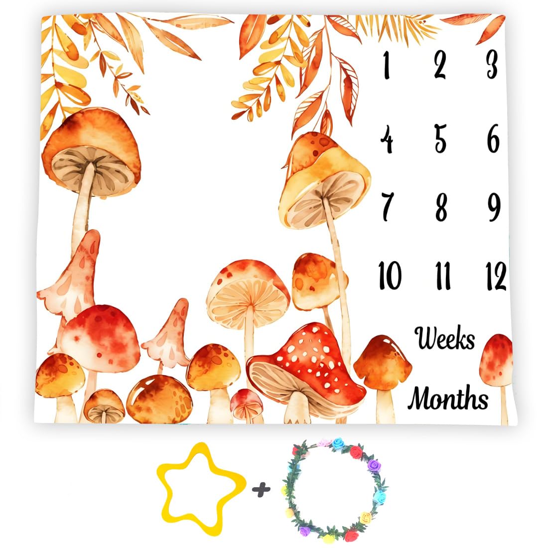 Mushroom Theme Baby Monthly Milestone Blanket Fall Floral, Orange, 60x40in