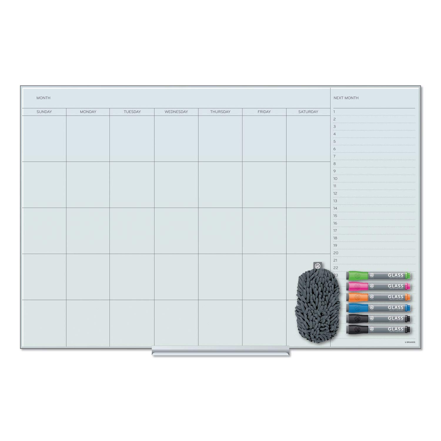 U Brands 3967U0001 Floating Glass Dry Erase Undated One Month Calendar, 36 x 24, White