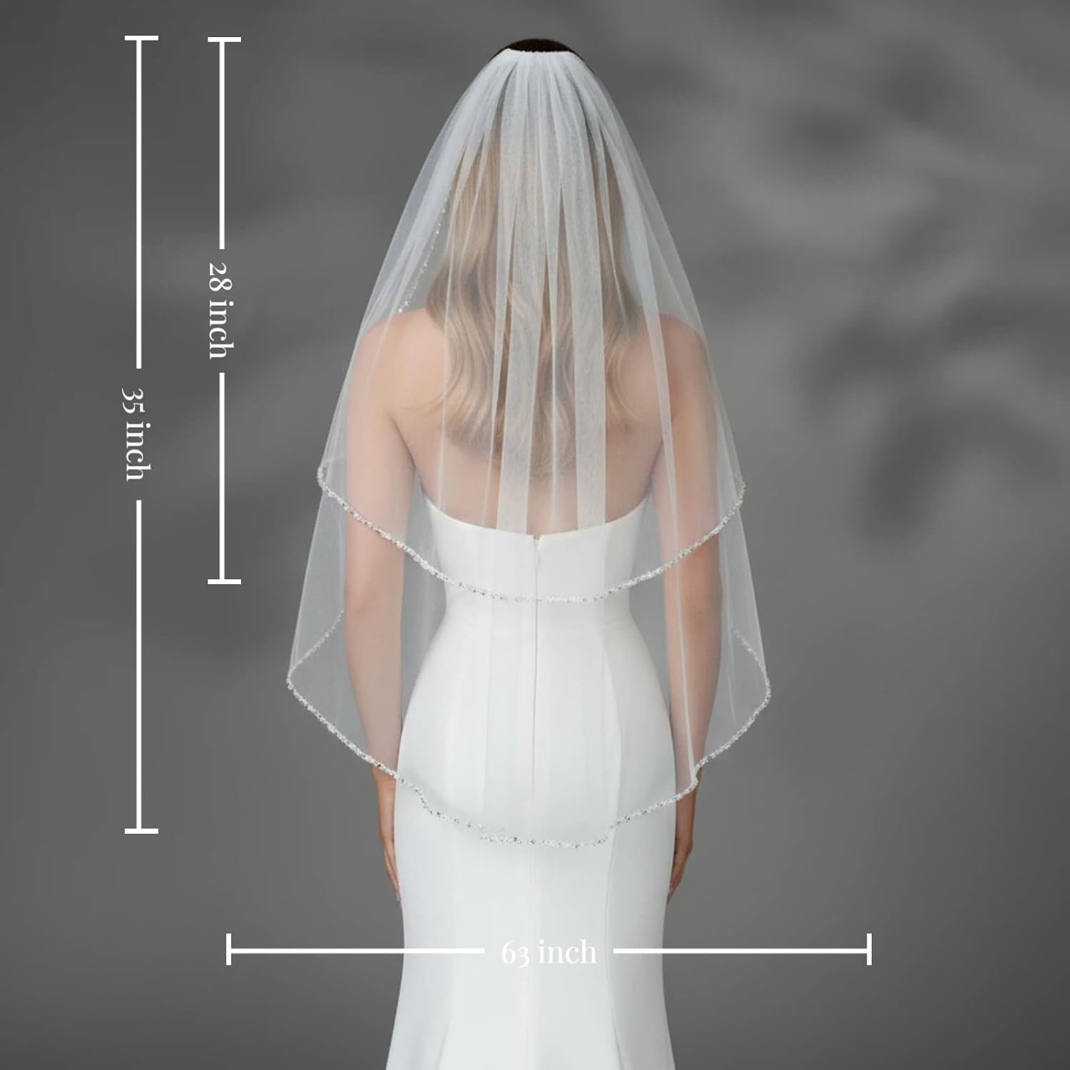 Wedding Veil Pearls and Crystals Beaded Edge 1 Tier Fingertip Length Bridal Veil - Image 4
