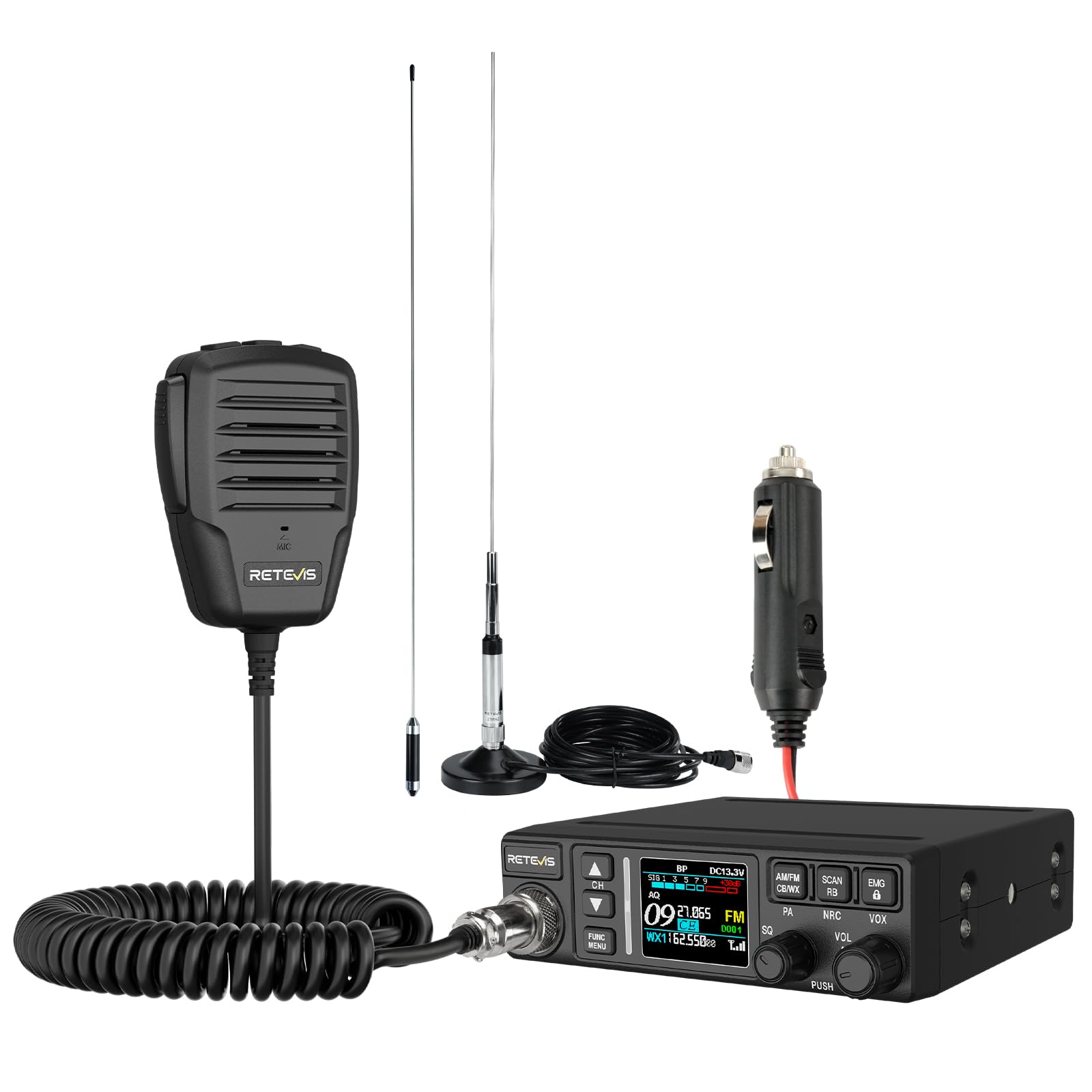 Retevis MB63B CB Radio e Antenna, NRC Cancellazione Del Rumore Radio CB Veicolare,12V/24V, AM/FM, TFT Colori, CTCSS/DCS, VOX, 40 Canali,EMG CH9/19 Radio CB Portatile per Team Fuoristrada (1 Pezzo) - 1
