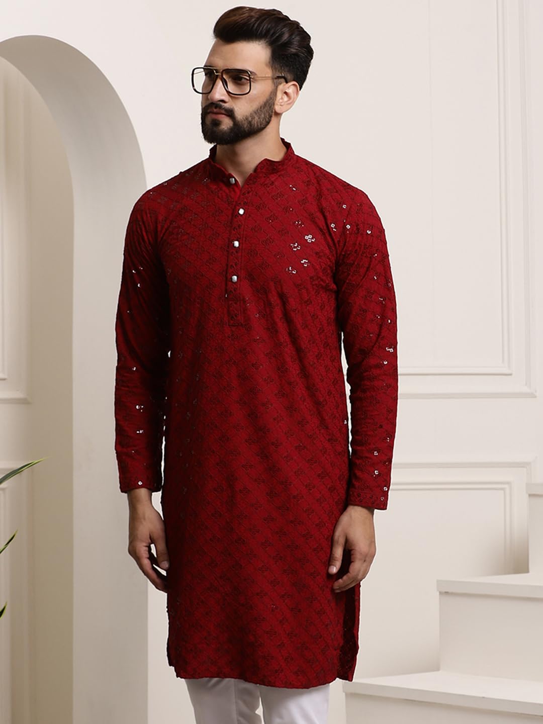 Sojanya (Since 1958 Men's Pure Cotton Maroon Sequence Only Long Kurta
