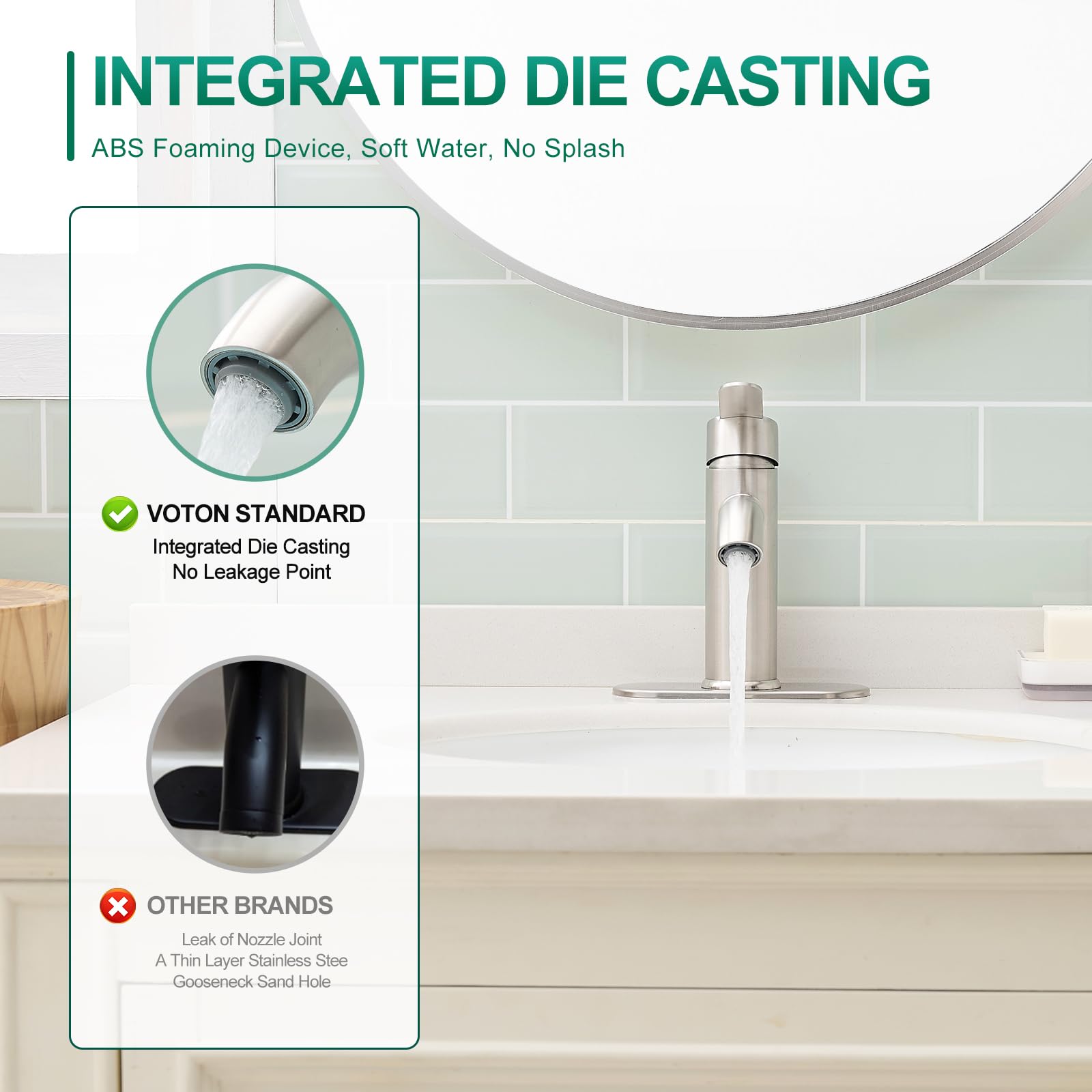 VOTON Brushed Nickel Bathroom Sink Faucet Single Handle Stainless Steel for 1 or 3 Hole Faucet for Bathroom — view 4