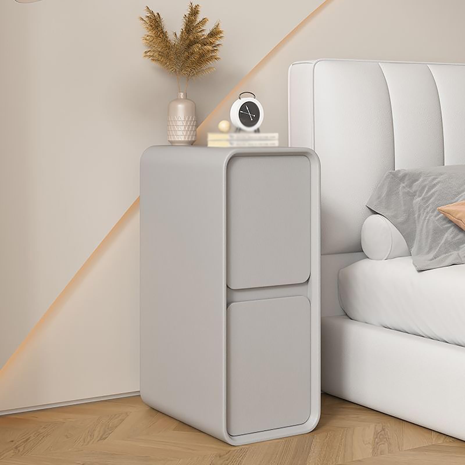 Table de chevet grise idéale pour la chambre à coucher et studios urbains
