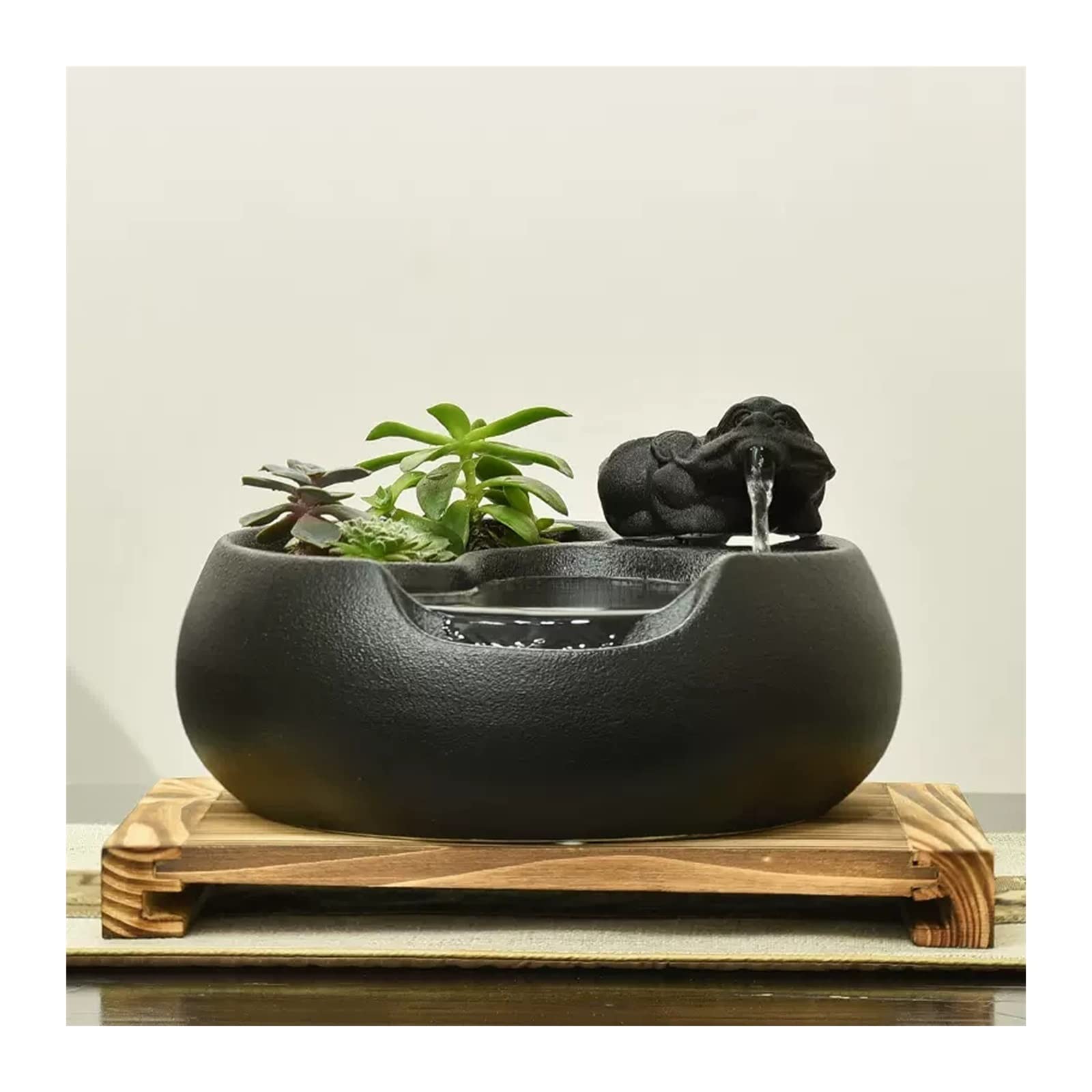 Fuente Decorativa de jardín, Fuente de Agua con Cascada, de cerámica, con Bomba de Agua, Feng Shui Zen, decoración para salón, Dormitorio, Oficina, 31 x 26 x 18 cm, Negro