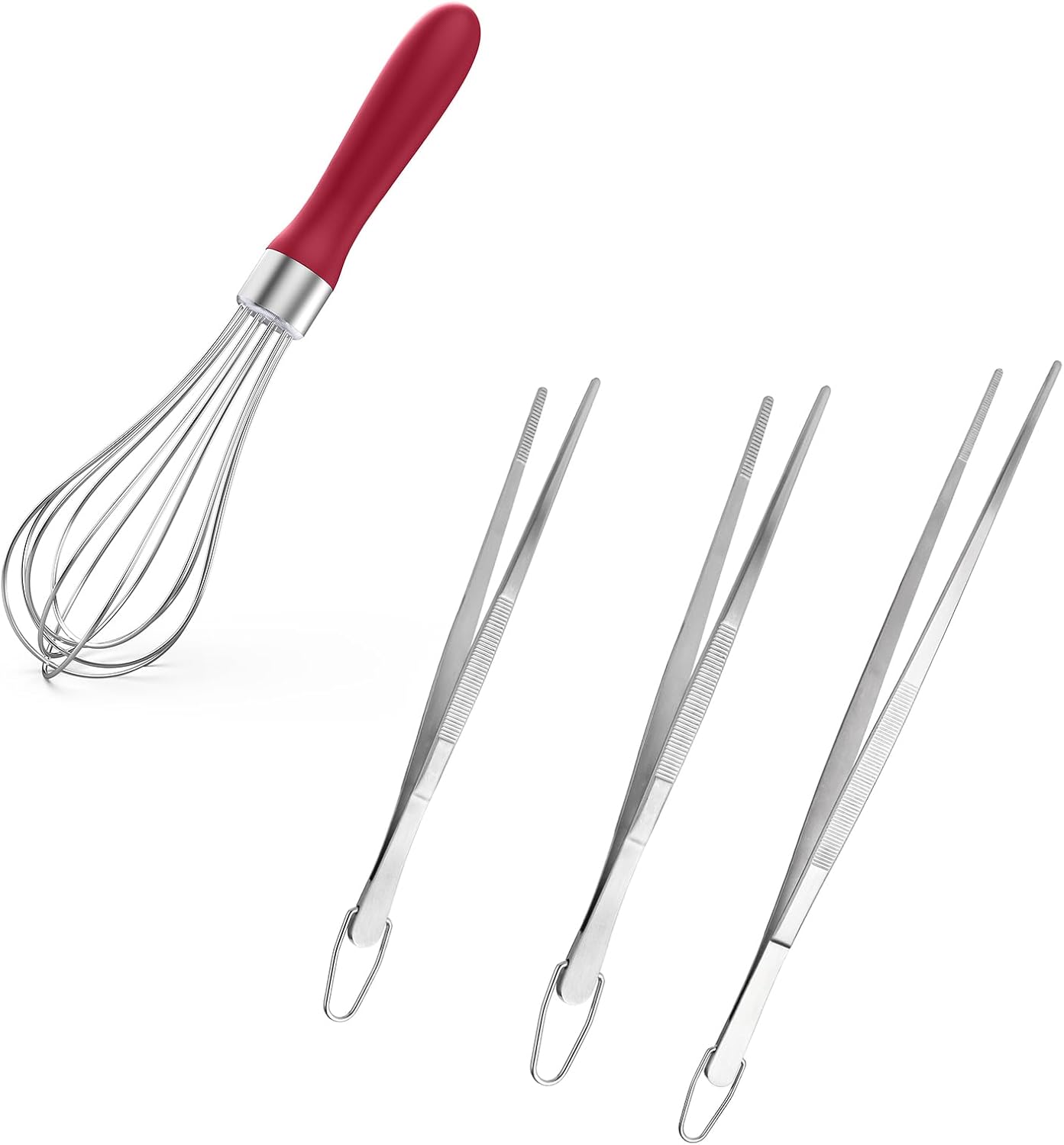 U-Taste 9" Small Egg Whisk: 18/10 Stainless Steel Kitchen Cooking Wire Balloon Wisk (Red) and 8"+10"+12" Kitchen Tweezer: 18/8 Stainless Steel Food-Grade Metal Food Tong (Pointed Tip)