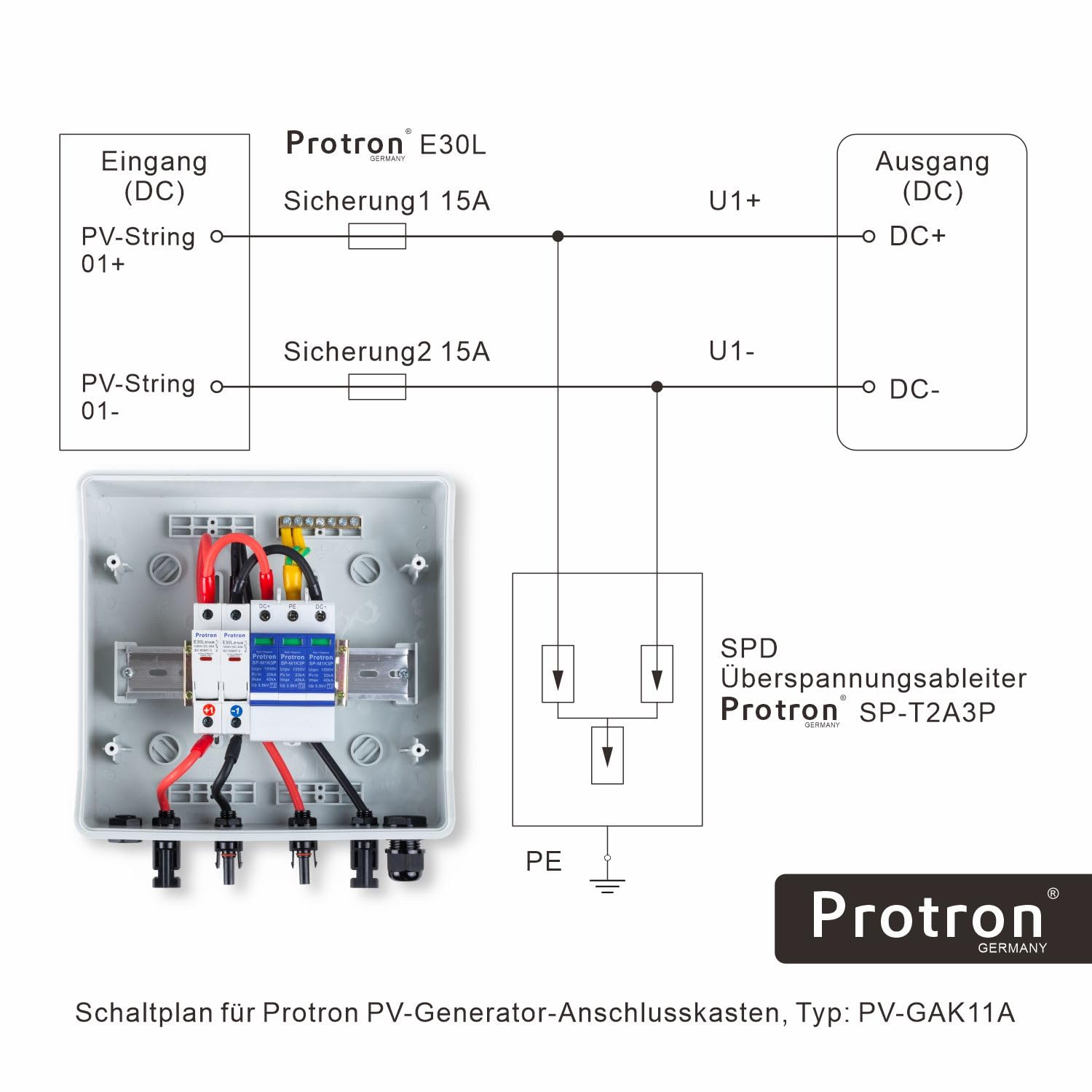 Protron PV GAK Solar Generatoranschlusskasten Photovoltaik DC Anschlusskasten Überspannungsschutz 1000V - T2 (DC-String 1/1 8M 3P 1000V T2, 19% MwSt.)