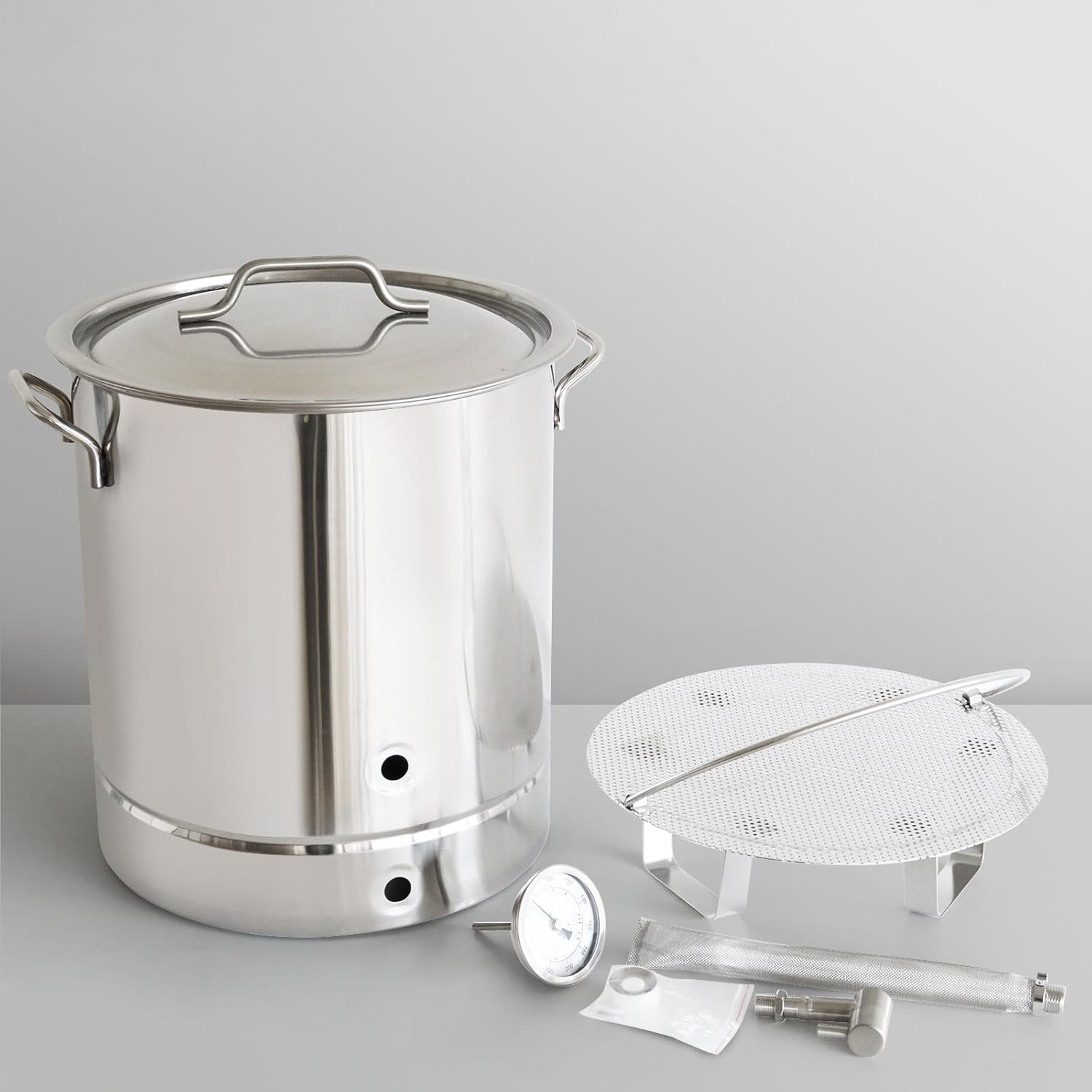 Home Beer Brew Kettle Stainless Steel Brewing Pot with Drilled Bottom Thermometer Bar Beer Home Brewing Supplies 30L (7.93Gal)