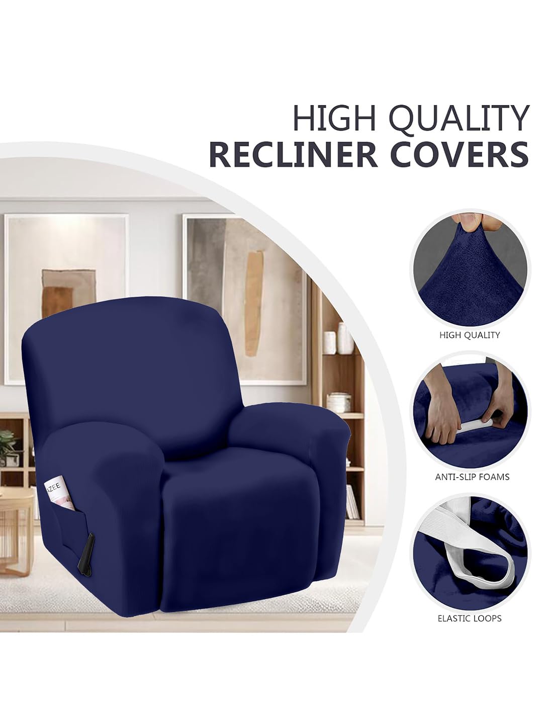 VORHANG Super Stretch Printed Recliner Cover Recliner Couch Covers Recliner Chair Cover Form Fitted Non Slip Reclining Slipcovers for Standard Large Recliner, Soft Thick,Navy Blue 2