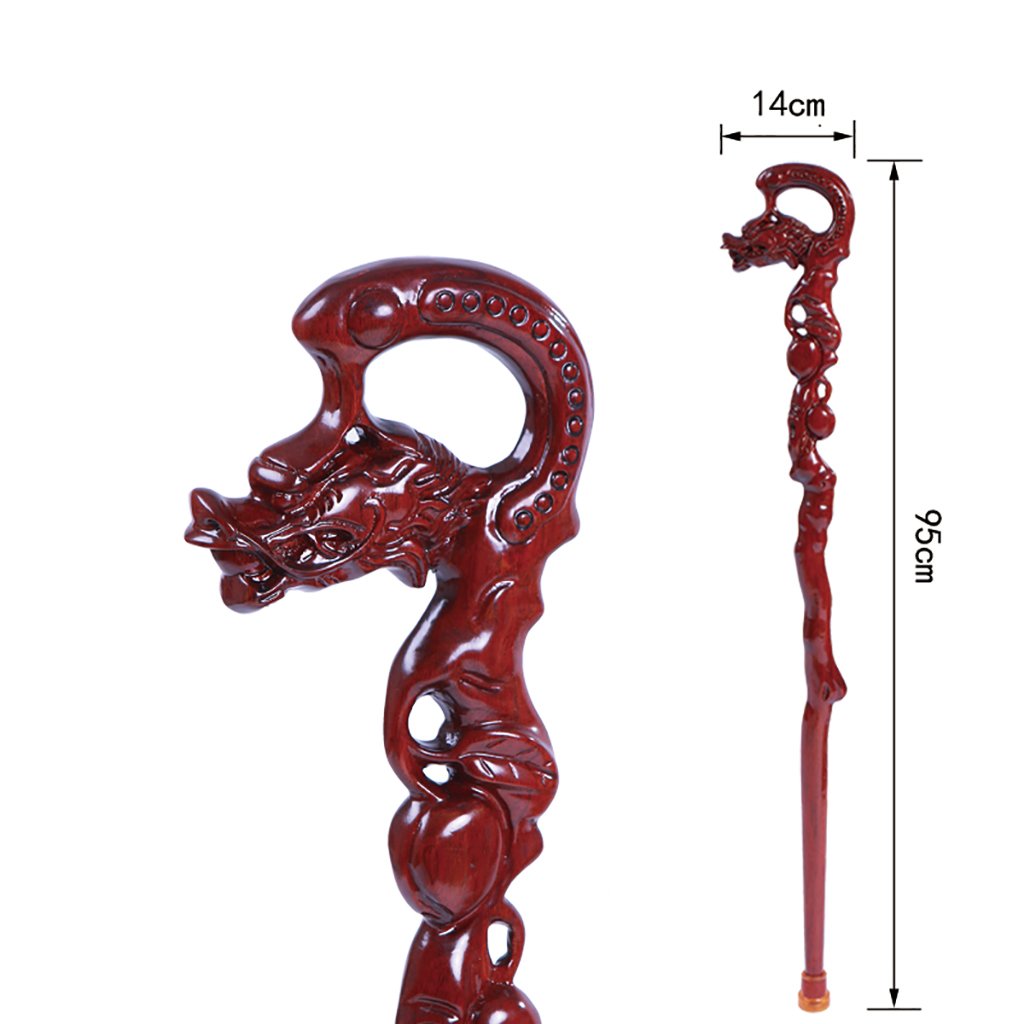 Bastoni da passeggio in legno Bastone da passeggio Persone anziane Stampelle Bastoni Bastoncini di legno Conduce Teste crestate Sculture in legno cavo Lunghezza 95 cm Facile da accorciare Ausili per