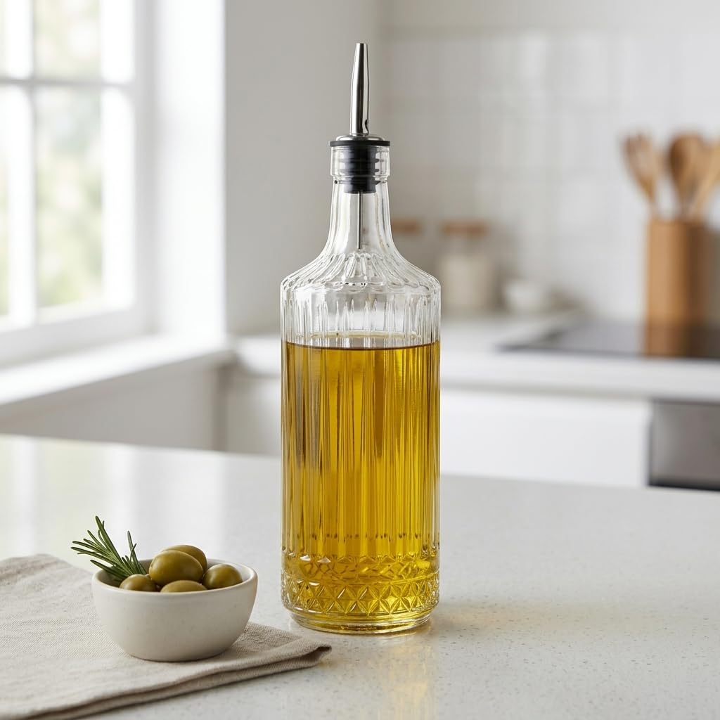Deconox 2'li Pure Model Şeffaf Cam Yağdanlık Seti - Optikli (Çizgili) Tasarım, Paslanmaz Akıtmaz Uçlu Yağ ve Sirke Şişesi (750 ml x 2 Adet)