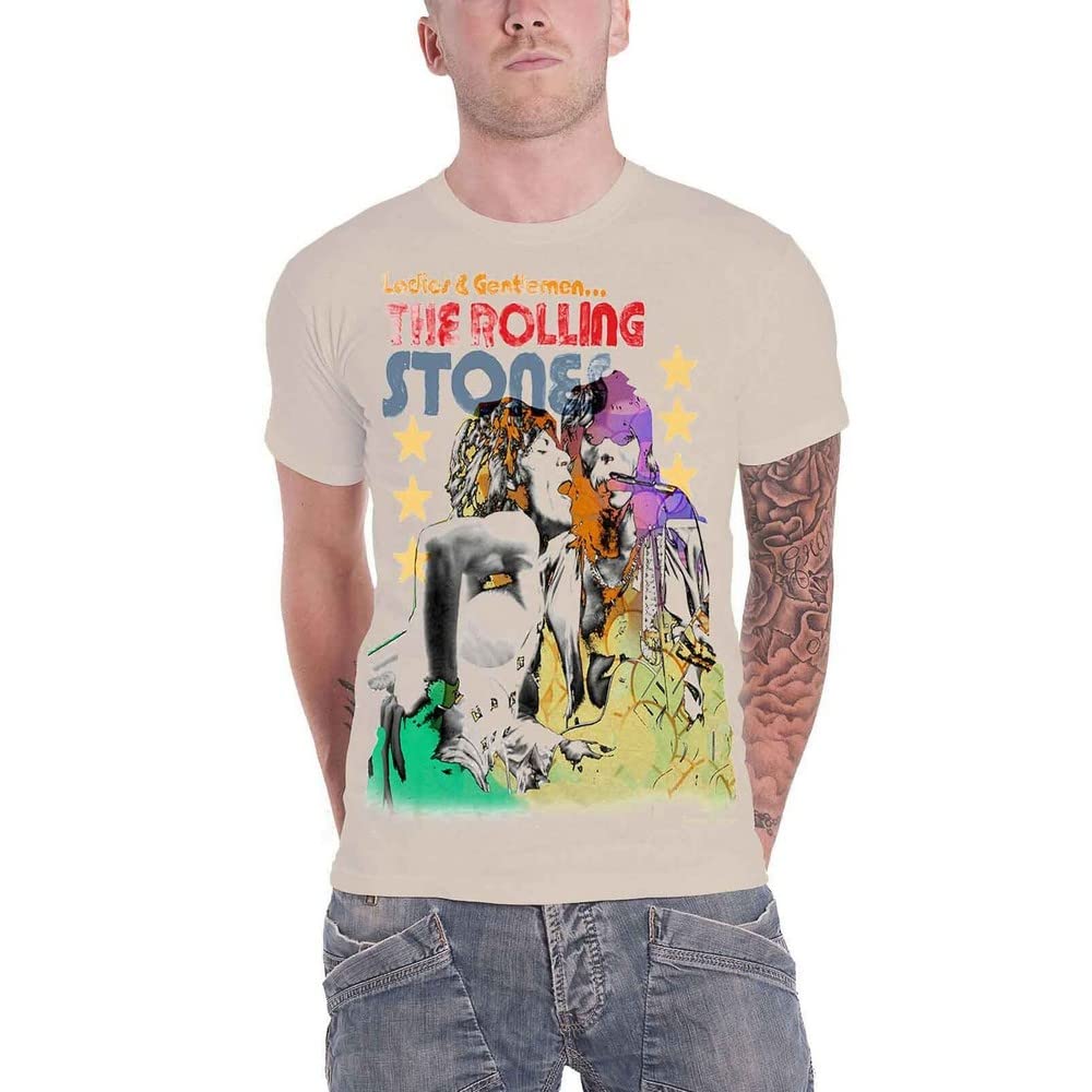 The Rolling Stones Men's Mick & Keith Watercolour Stars Regular Fit Crew Neck Short Sleeve T - Shirt, Beige (Beige Beige), Large (Manufacturer Size: Large)