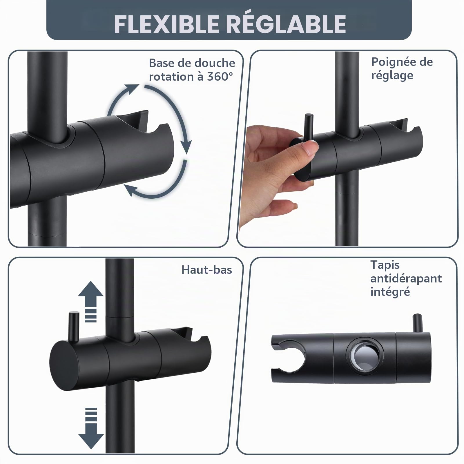 Barre de Douche 90cm en Acier Inoxydable, Support de Pommeau Réglable à 360°, Fixations Murales Variables pour S'adapter aux Trous Existants, Noir