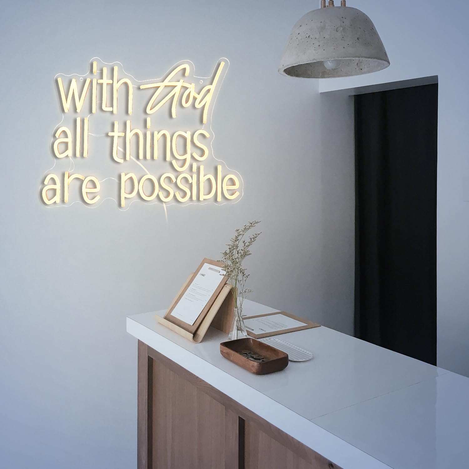 Neonowy znak "With God All Things Are Possible", jasna, ciepła biel, Bóg, neonowe światła LED, do dekoracji ścian, ściemniane, zasilanie USB, podświetlany bóg, neonowy znak świetlny do pokoju, na