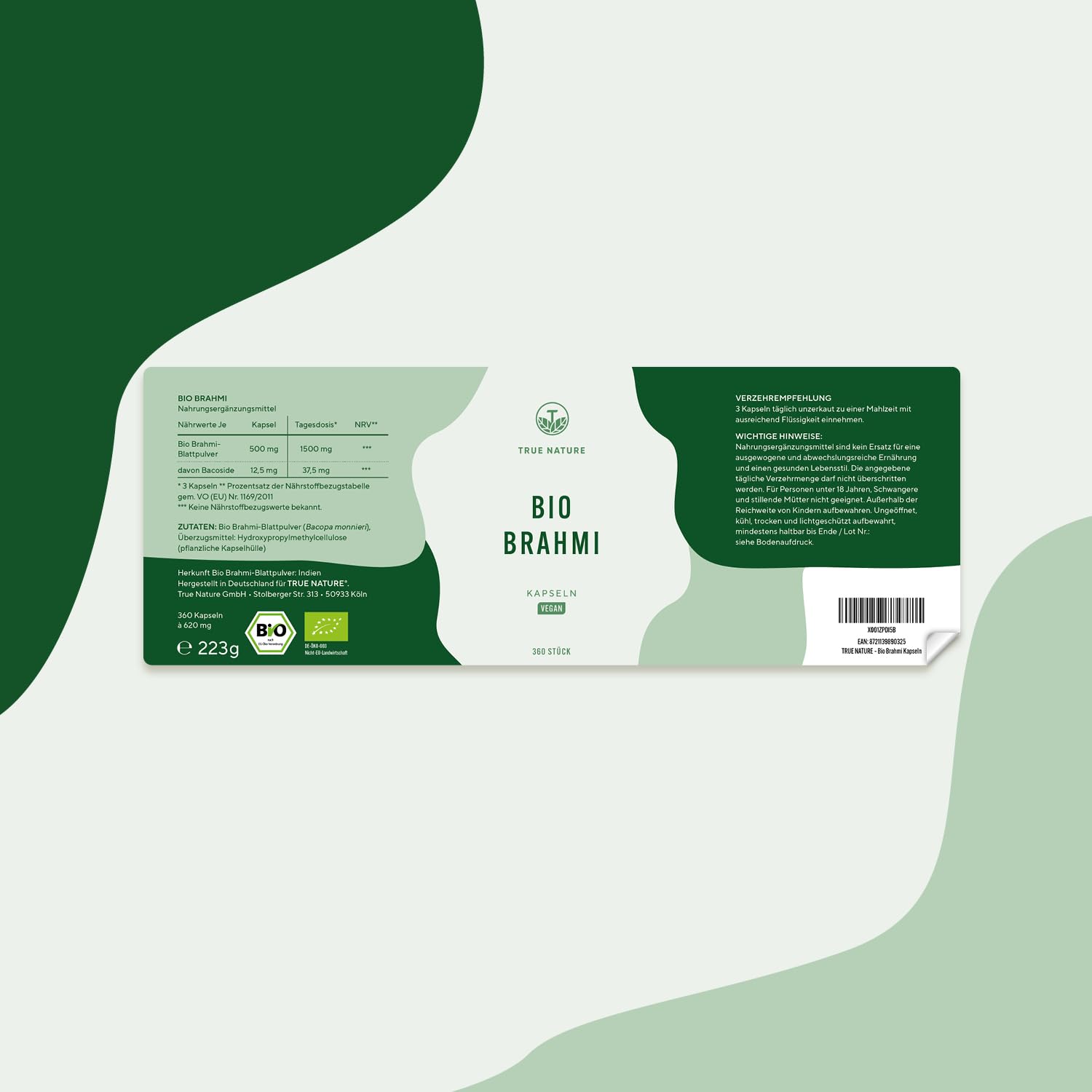 Bacopa Monnieri Brahmi - Hochdosiert: 1.500mg mit 2,5% Bacoside - Big Pack: 360 Kapseln - Brahmi Kapseln Bio, Kleines Fettblatt - Ayurveda, vegan - Ohne Zusätze - TRUE NATURE