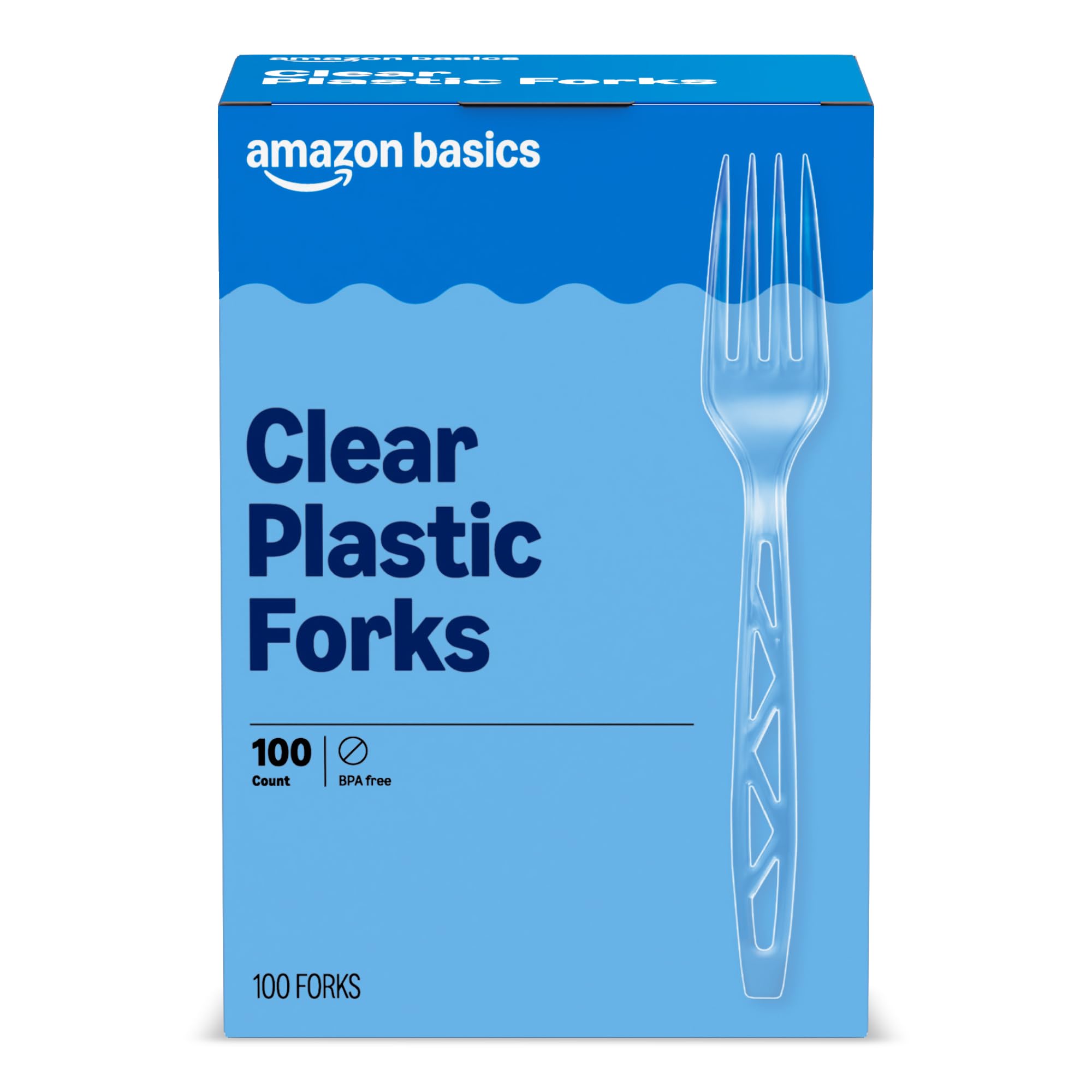 Amazon Basics Disposable Clear Plastic Forks, Premium Quality, 100 Count, Large Pack, Packaging May Vary