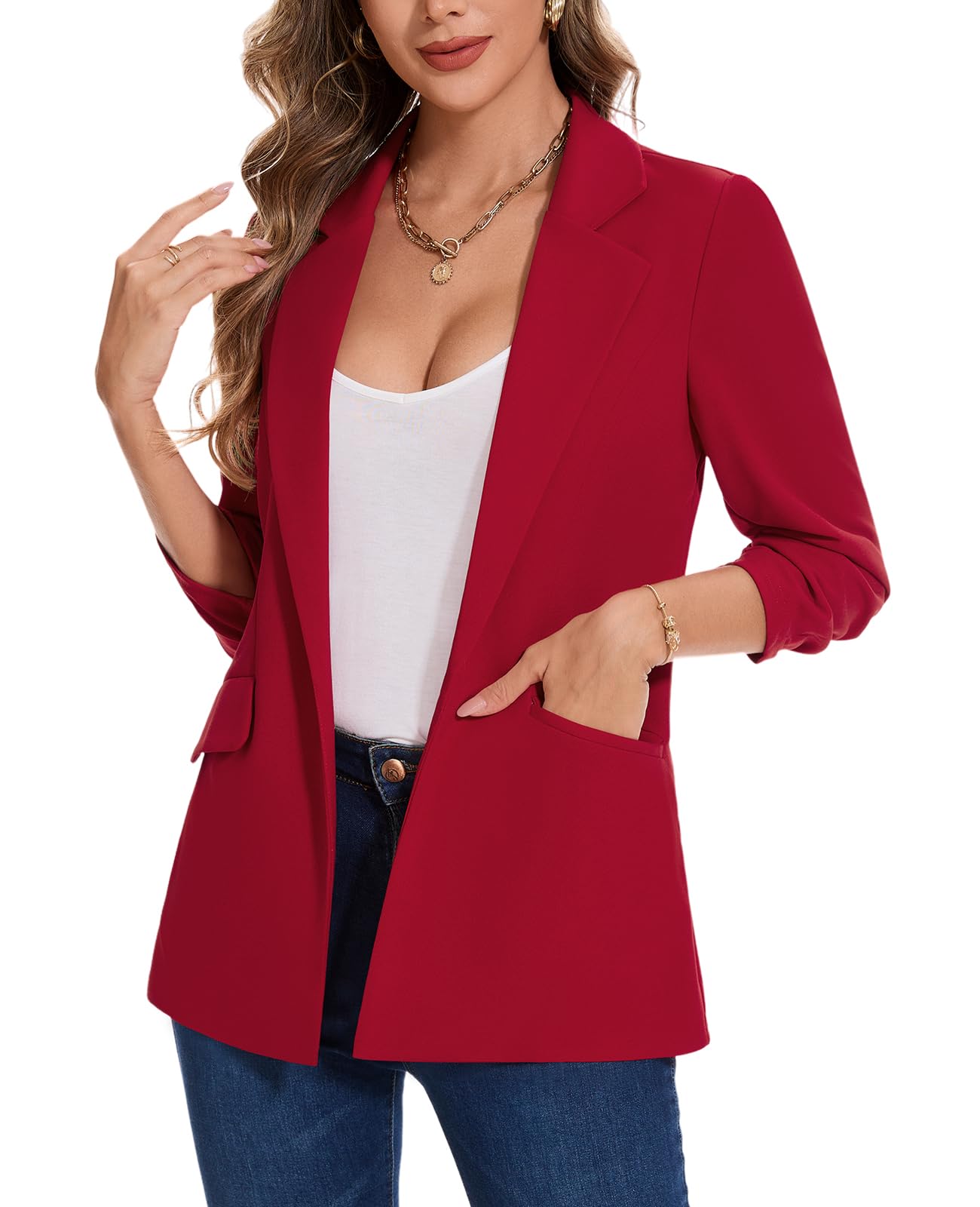Womens Blazer for Business Casual 3 4 Ruched Sleeve Open Front Jackets Notch Lapel Blazers Pocket