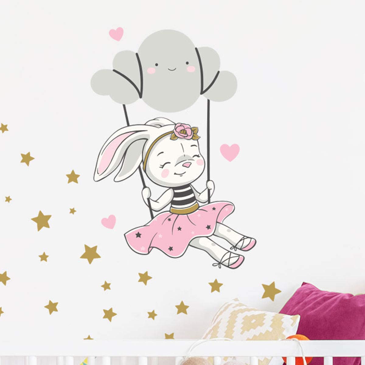 Wall Stickers for Children - Baby Room Decoration - Wall Stickers - Rabbit on Cloud + 100 Stars - Wall Sticker - H45 x L30 cm - Image 2