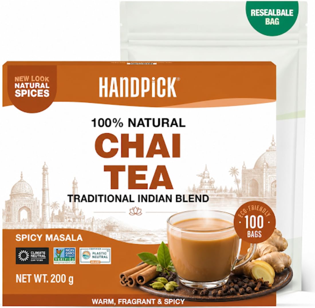 HANDPICK Masala Chai Tea Bags from India (100 Count) Strong Robust & Aromatic - Cinnamon Black Pepper Cloves & Cardamom - Premium Quality Eco-conscious Round Bags