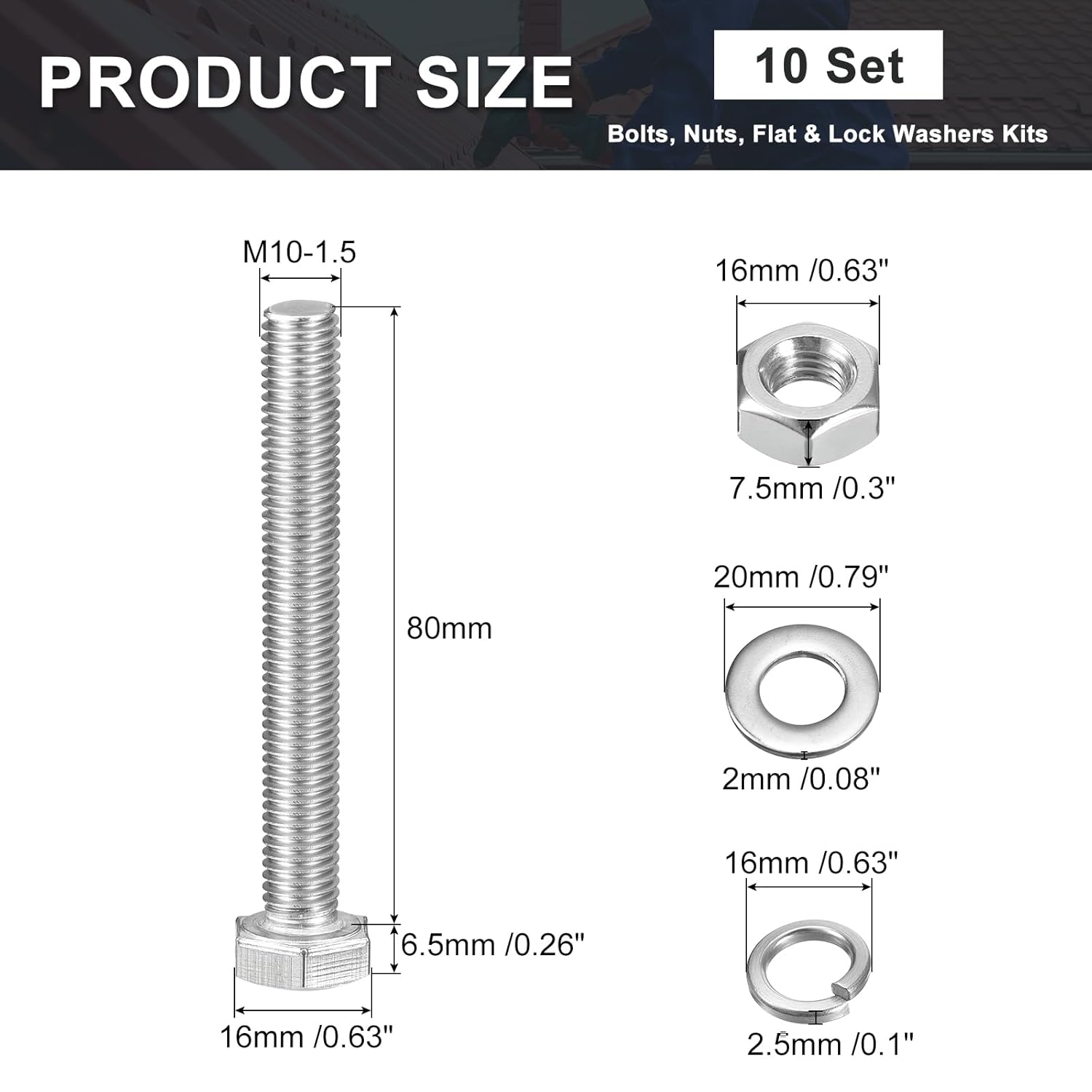 uxcell M10 x 80mm Hex Head Screws Bolts, Nuts, Flat & Lock Washers Kits, 304 Stainless Steel Fully Thread Hexagon Bolts 10 Sets