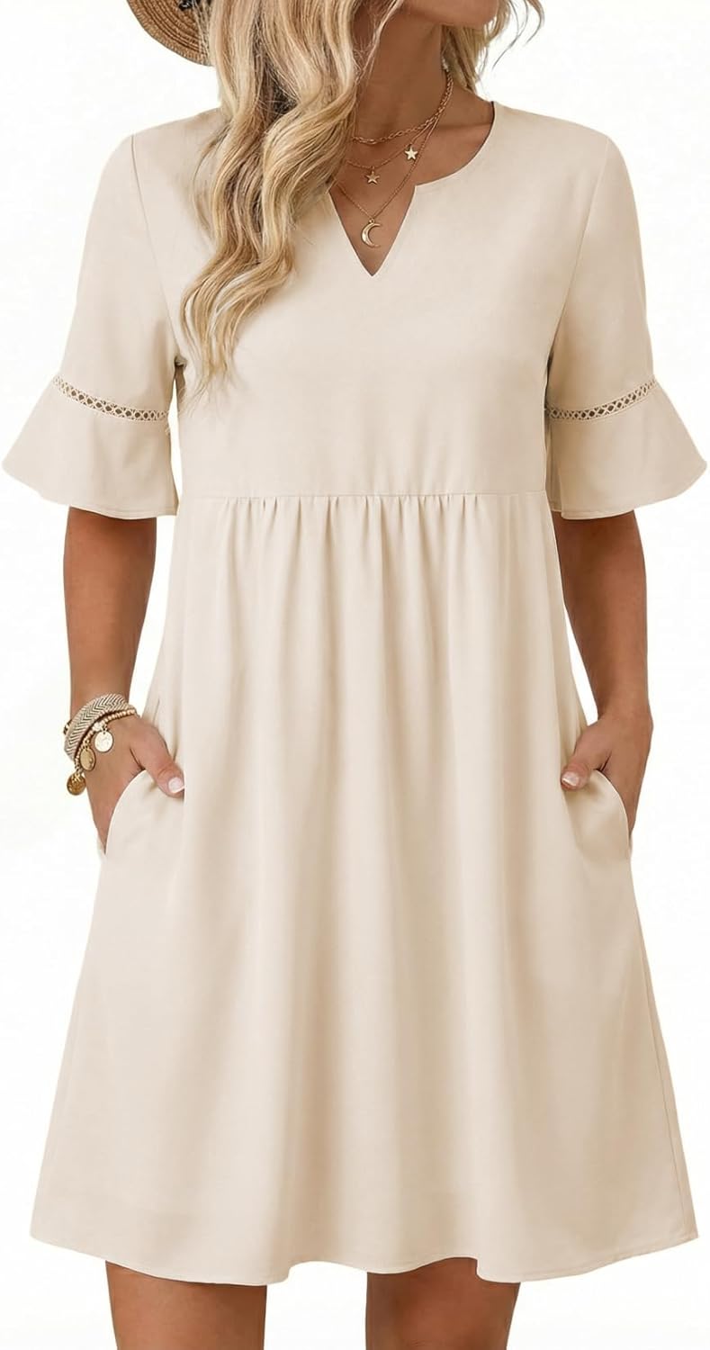 EVALESS Summer Dresses for Women 2026 Casual V Neck Spring Dress Ruffle Short Sleeve Hollow Out Mini Dress A Line Dresses