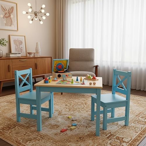 Miniatura 2 de PETIT BATEAU Juego de mesa y 2 sillas de madera maciza para niños pequeños, muebles de madera modernos con diseñador irlandés para 2 a 8 años, azul