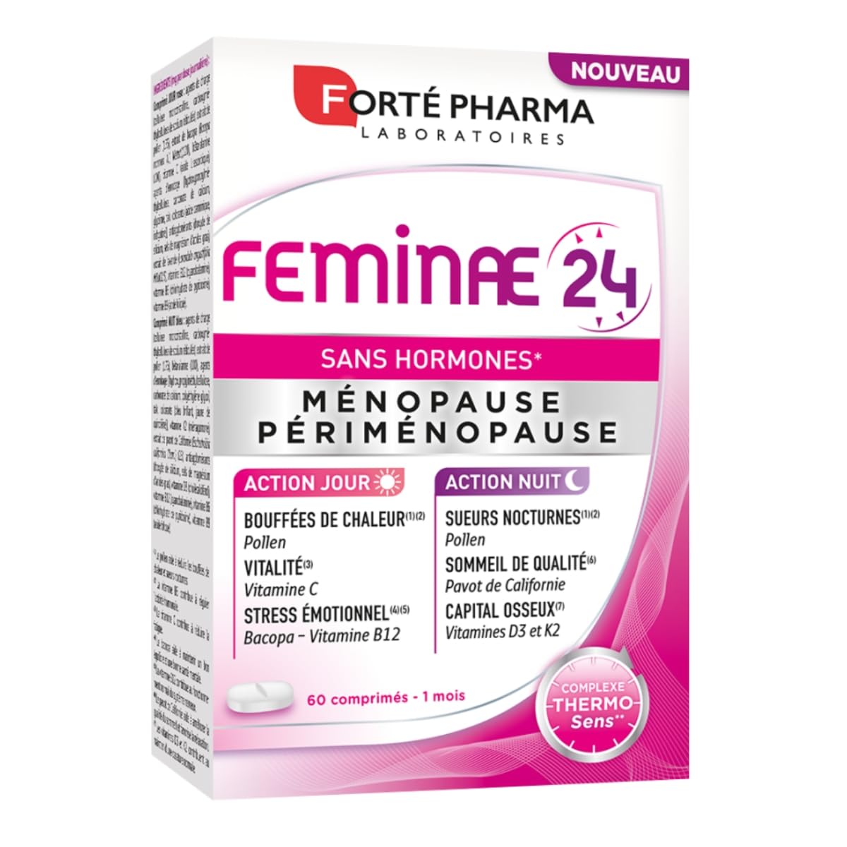 Forté Pharma – Féminae 24 – Sans Hormones | Complément Alimentaire Ménopause à base de Plantes et Vitamines - Beta alanine, Lavande, Vitamine B12, Pollen - Energie, apaisement, Sommeil | 60 comprimés