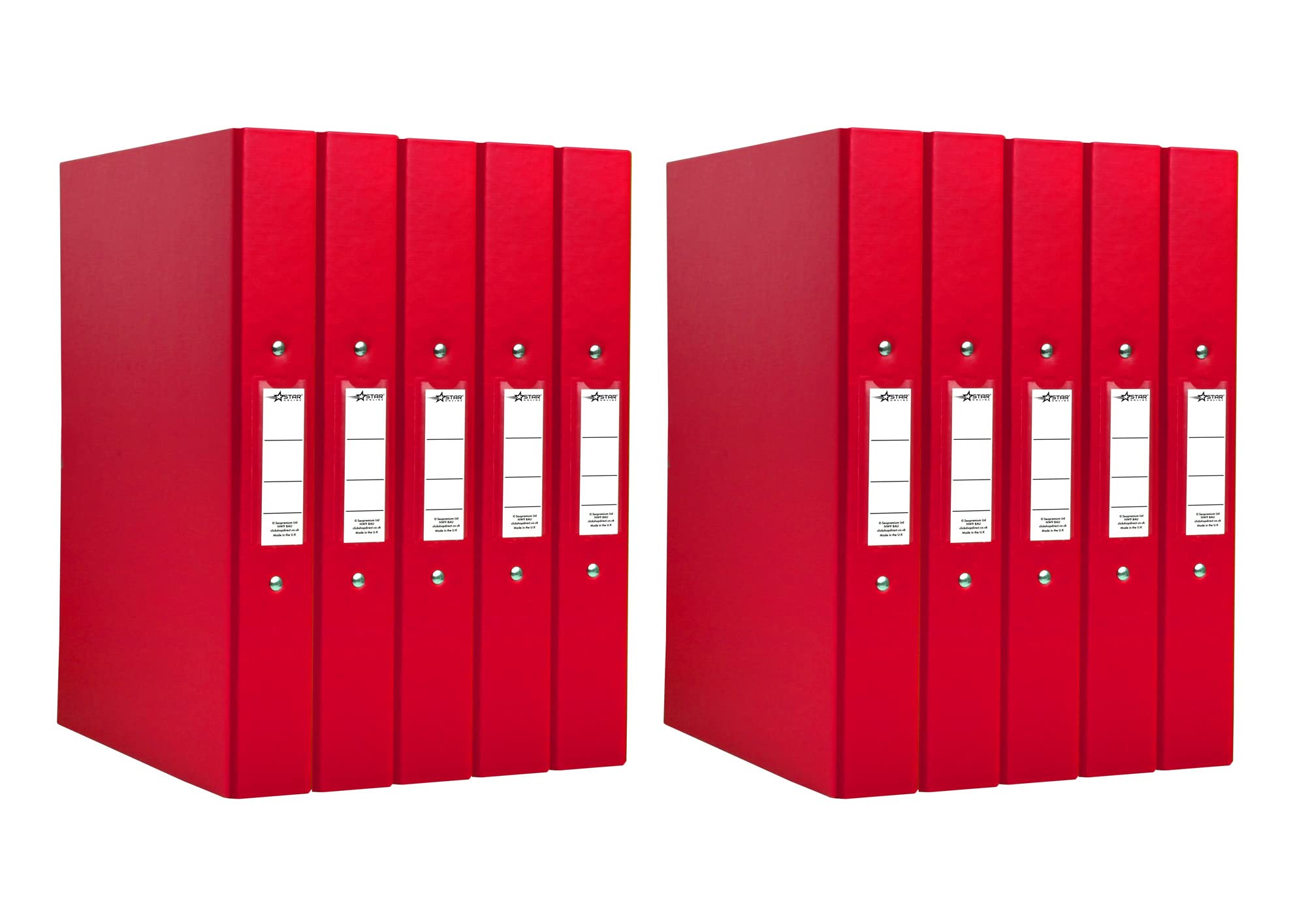 Ring Binder A4 Glossy 2-Ring Polypropylene Binder File Folder Holds 190 Sheets 40 mm Spine File - Pack of 10 - Made in UK (Red)