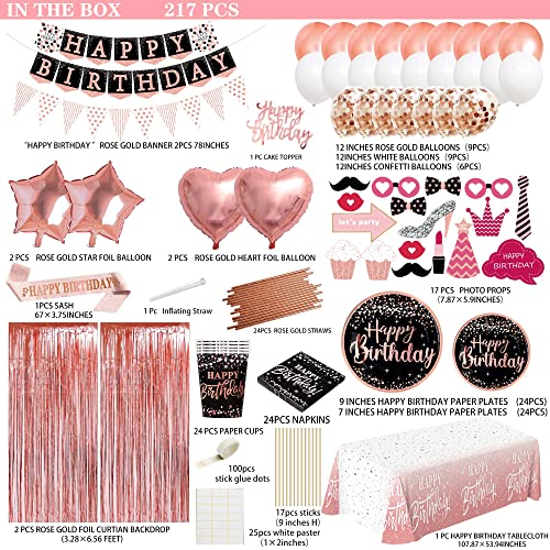 Birthday Decorations For Women Rose Gold - (Total 170Pcs) Happy Birthday Supplies For Women, Balloons,Tablecloth,Foil Backdrops,Plates,Cups,Photo Props,Sash,Tableware For 24 Guests #TOP1