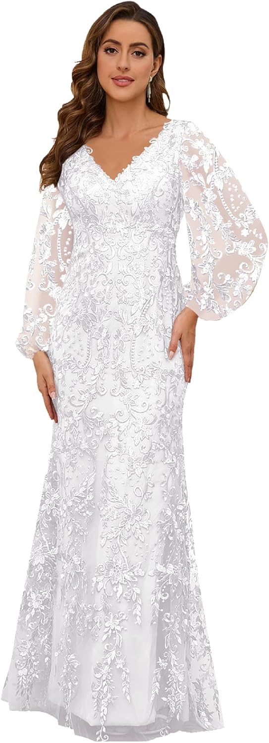 Long Sleeve Lace Mother of the Bride Dresses for Women Mermaid Formal Wedding Guest Dress