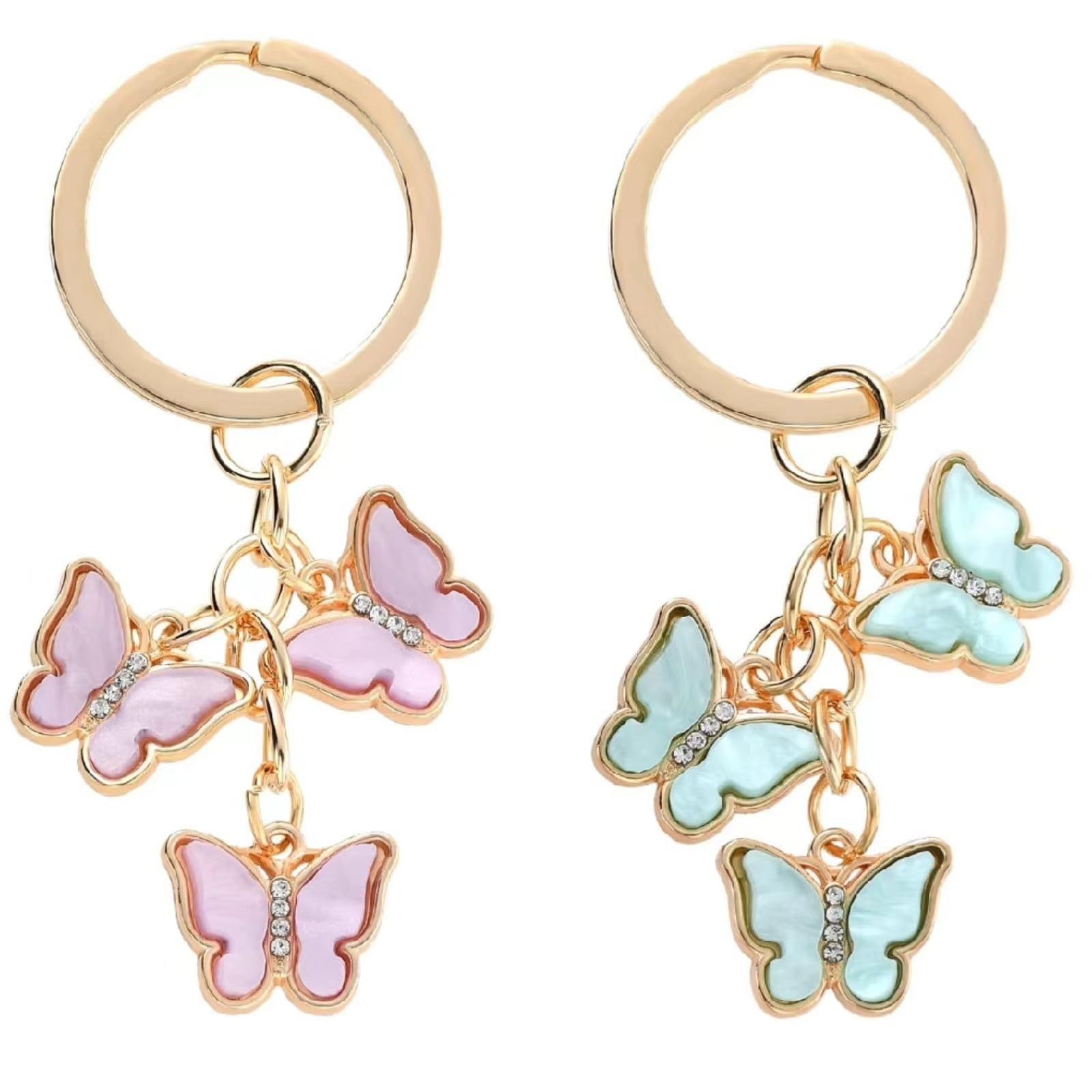 Rayyan Butterfly Key Rings For Women, Cute Key Chain Girly Crystal Butterfly Key Ring For Girls, Charms Key Chain, Metal Key Ring Small Gift for Key Bag Purse Accessories (Pink, Green, Pack of 2)